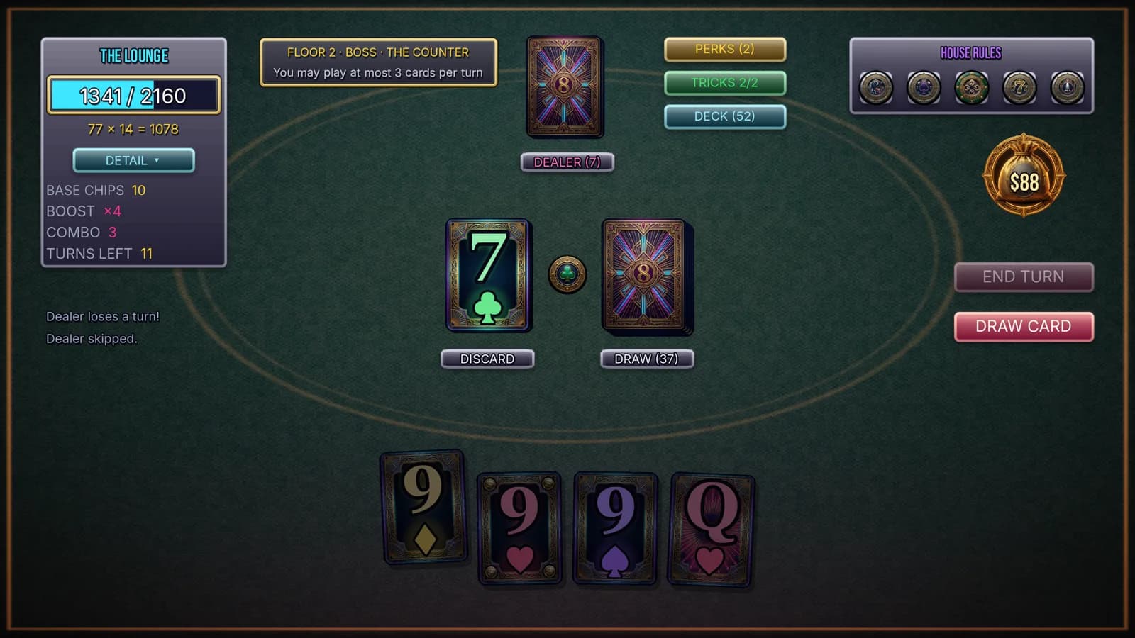 The Lounge on Floor 2 against the boss The Counter, which limits the player to three cards per turn. The score reads 1341 of 2160 with a combo of 3 and a Boost of ×4.