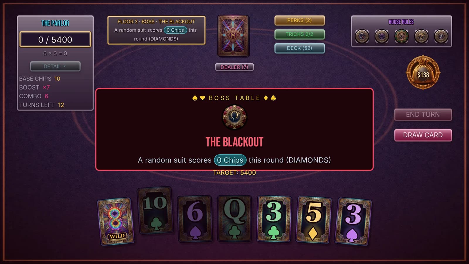 The Parlor on Floor 3 announcing the boss The Blackout, which makes a random suit — diamonds — score zero chips for the round against a target of 5400.