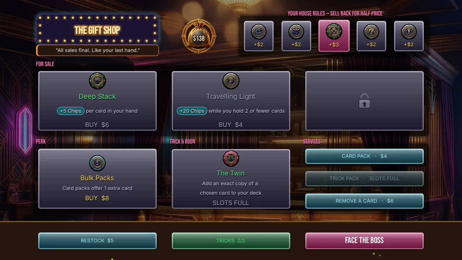 The Gift Shop between rounds, offering House Rules, card packs, and consumables for the cash won in the previous round.