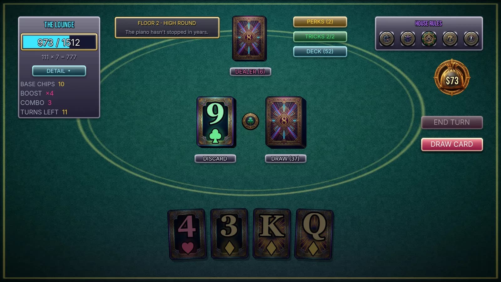 A chain scoring 111 × 7 for 777 points in The Lounge, with the combo multiplier climbing as each card is played.