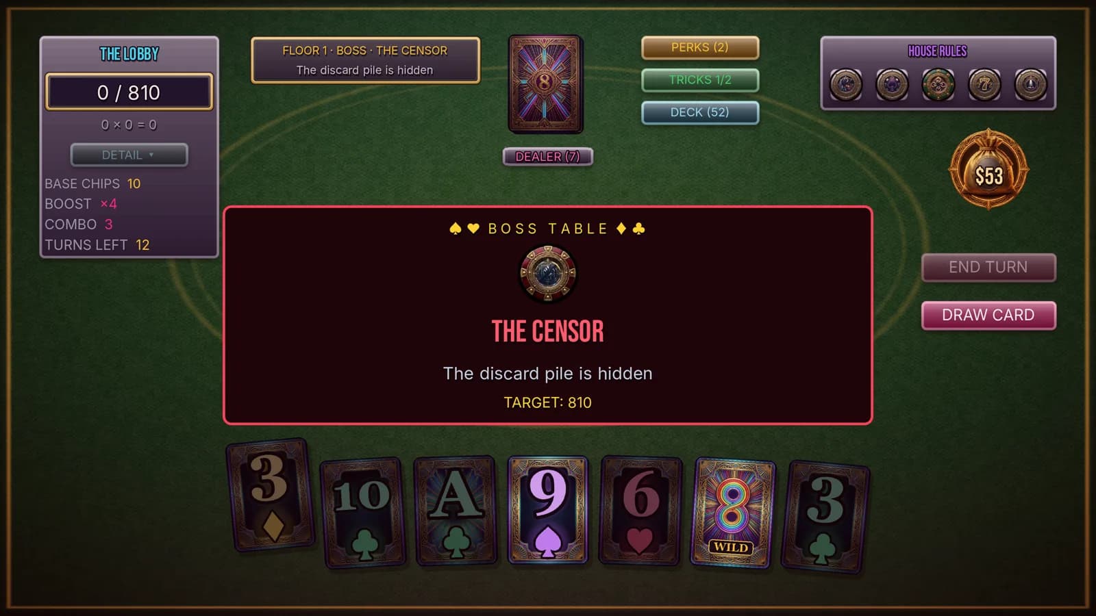 The Lobby on Floor 1 against the boss The Censor, which hides the discard pile. The hand holds a rainbow wild 8 among ordinary cards.